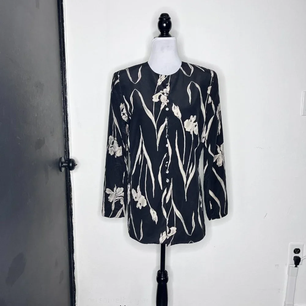 Rafaella Floral Print Black 100% Silk Blazer Size 6 - Picture 2 of 8